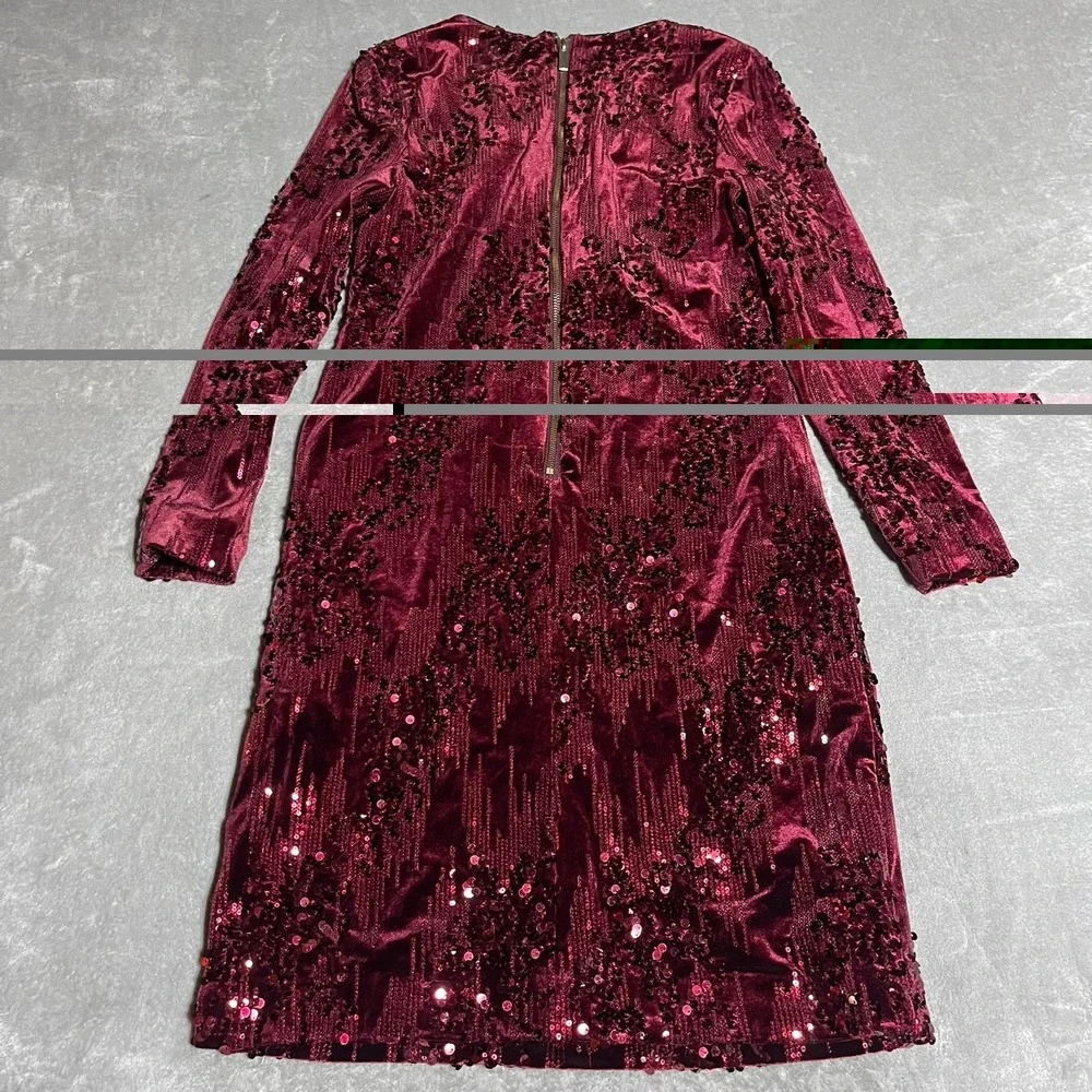 Alexia‎ Admor Dress Womens 8 Wine Red Velvet Sequin Long Sleeve V Neck